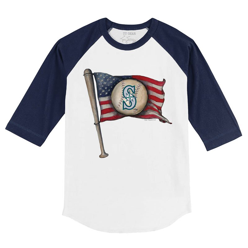 Seattle-Mariners-Baseball-Flag-34-Navy-Blue-Sleeve-Raglan-Shirt Seattle Mariners Baseball Flag 3/4 Navy Blue Sleeve Raglan Shirt