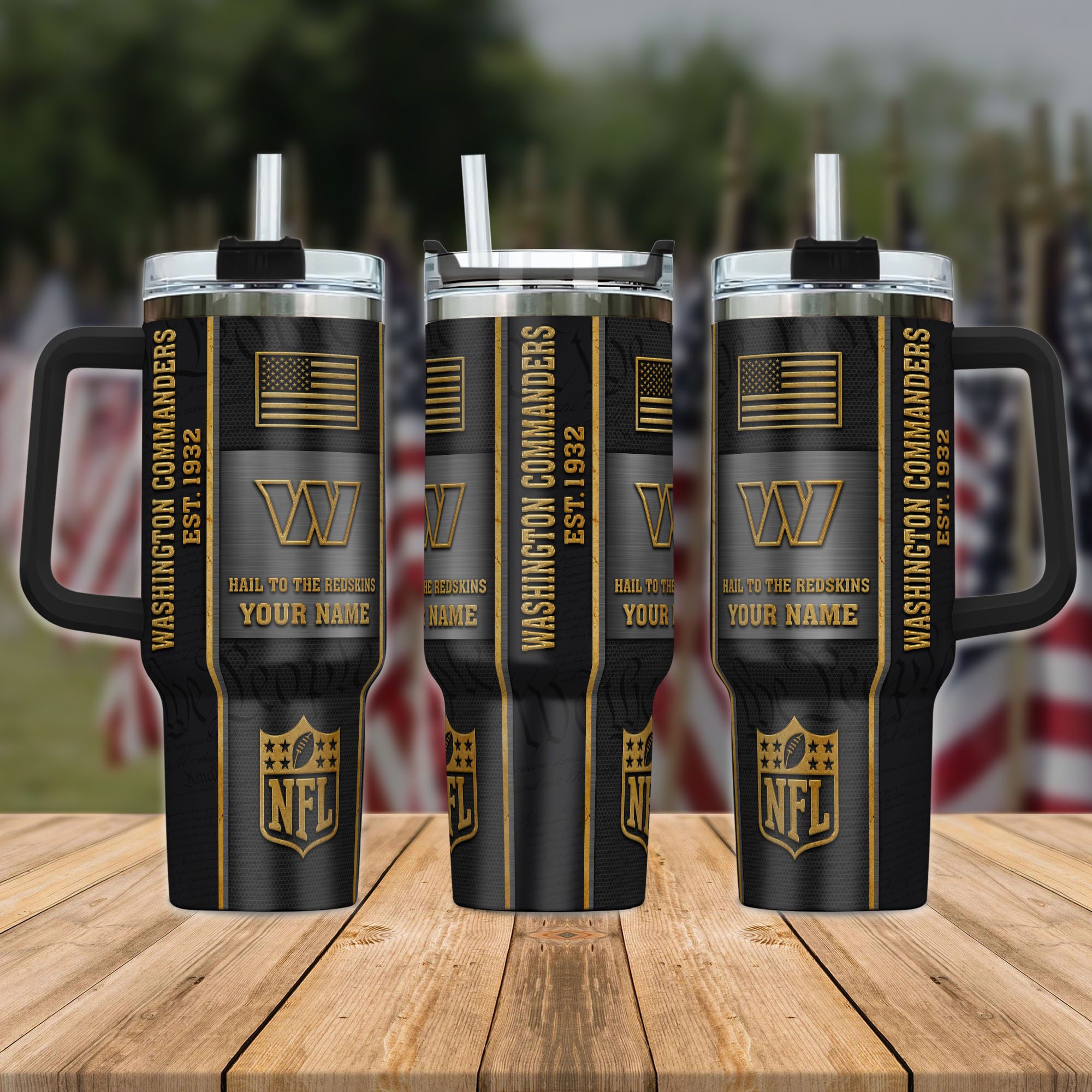 Washington-Commanders-NFL-Personalized-40oz-Stanley-Tumbler-Black-Gold-US-Flag-Tumbler-1