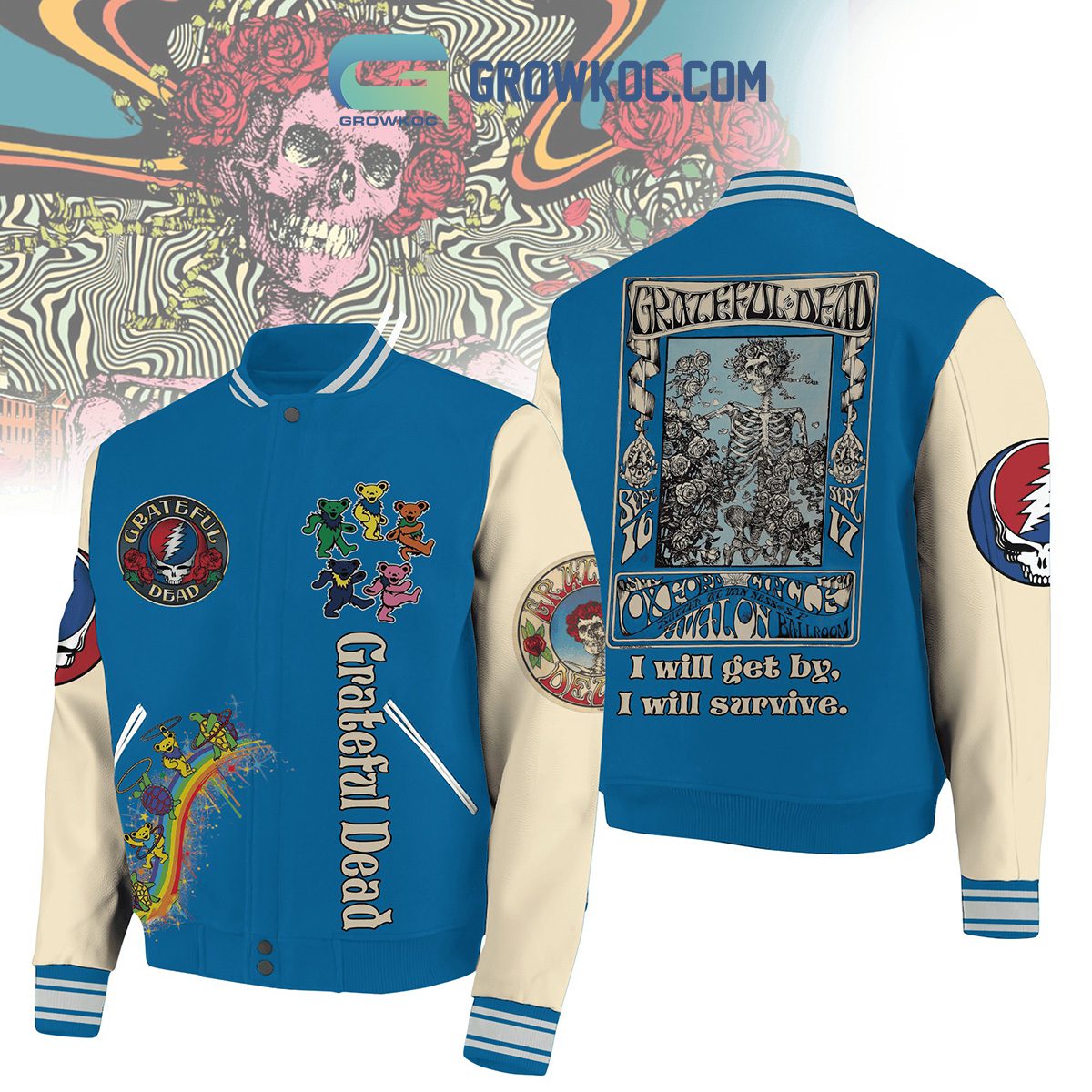 Grateful-Dead-I-Will-Get-By-I-Will-Survive-Baseball-Jacket-GBJ1269 Grateful Dead I Will Get By I Will Survive Baseball Jacket GBJ1269