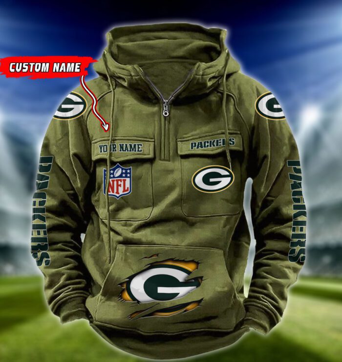 Green Bay Packers NFL Vintage Hoodie Quarter Zip Retro Hoodie Custom Any Name  WRH1076