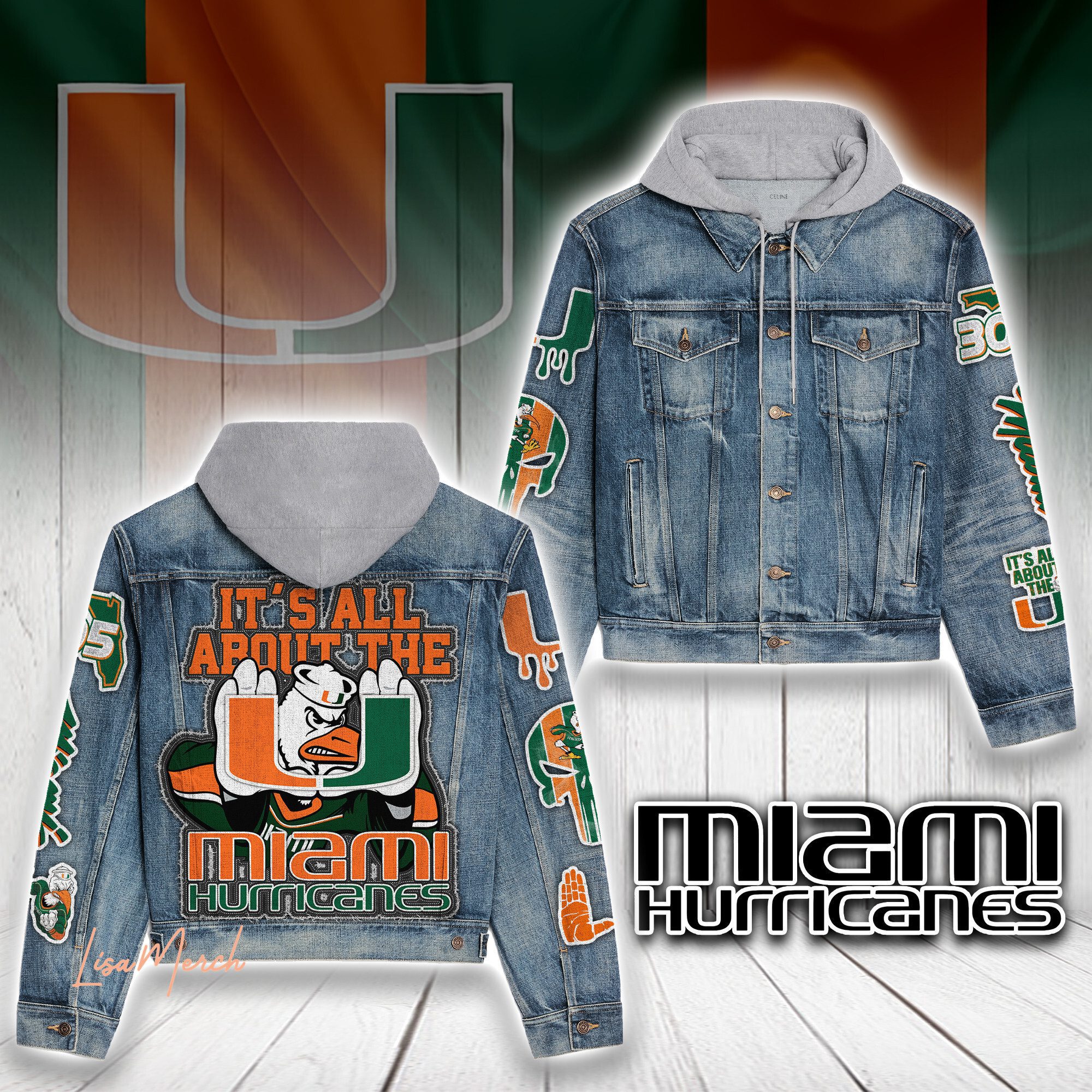 Miami-Hurricanes-Football-Hooded-Denim-Jacket-LDN1092 Miami Hurricanes Football Hooded Denim Jacket LDN1092