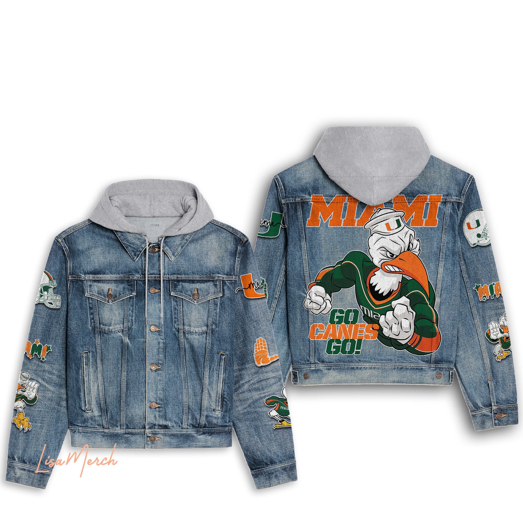 Miami-Hurricanes-Football-Hooded-Denim-Jacket-LDN1093 Miami Hurricanes Football Hooded Denim Jacket LDN1093