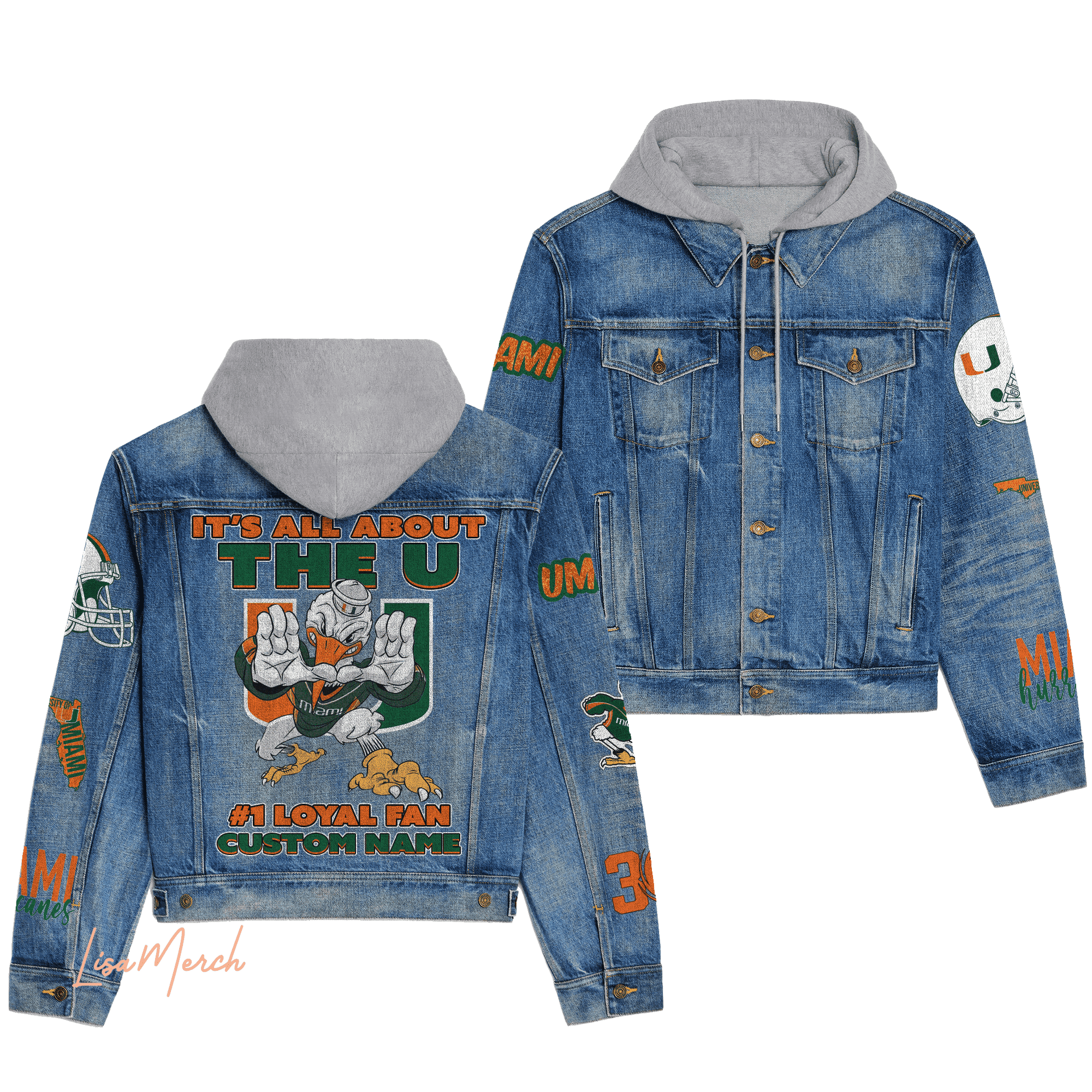 Miami-Hurricanes-Hooded-Denim-Jacket-LDN1091 Miami Hurricanes Hooded Denim Jacket LDN1091