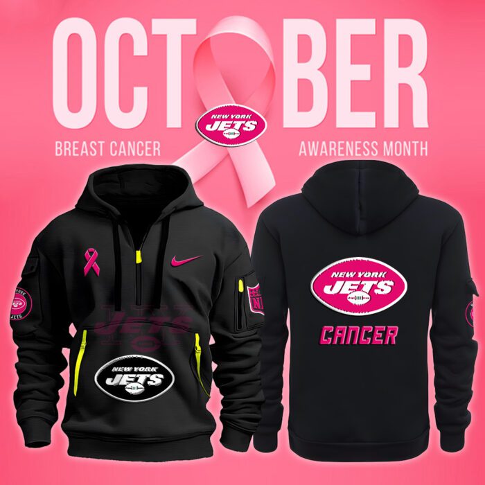 New York Jets NFL October Breast Cancer Awareness Month Quarter Zip Hoodie