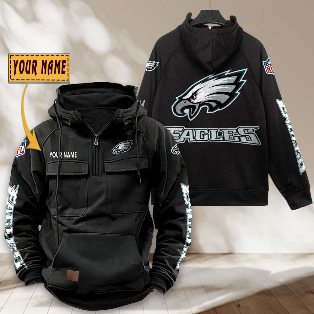 Philadelphia-Eagles-NFL-Personalized-Multi-Pocket-Quarter-Zip-Vintage-Hoodie-WVH1060 Philadelphia Eagles NFL Personalized Multi Pocket Quarter Zip Vintage Hoodie WVH1060