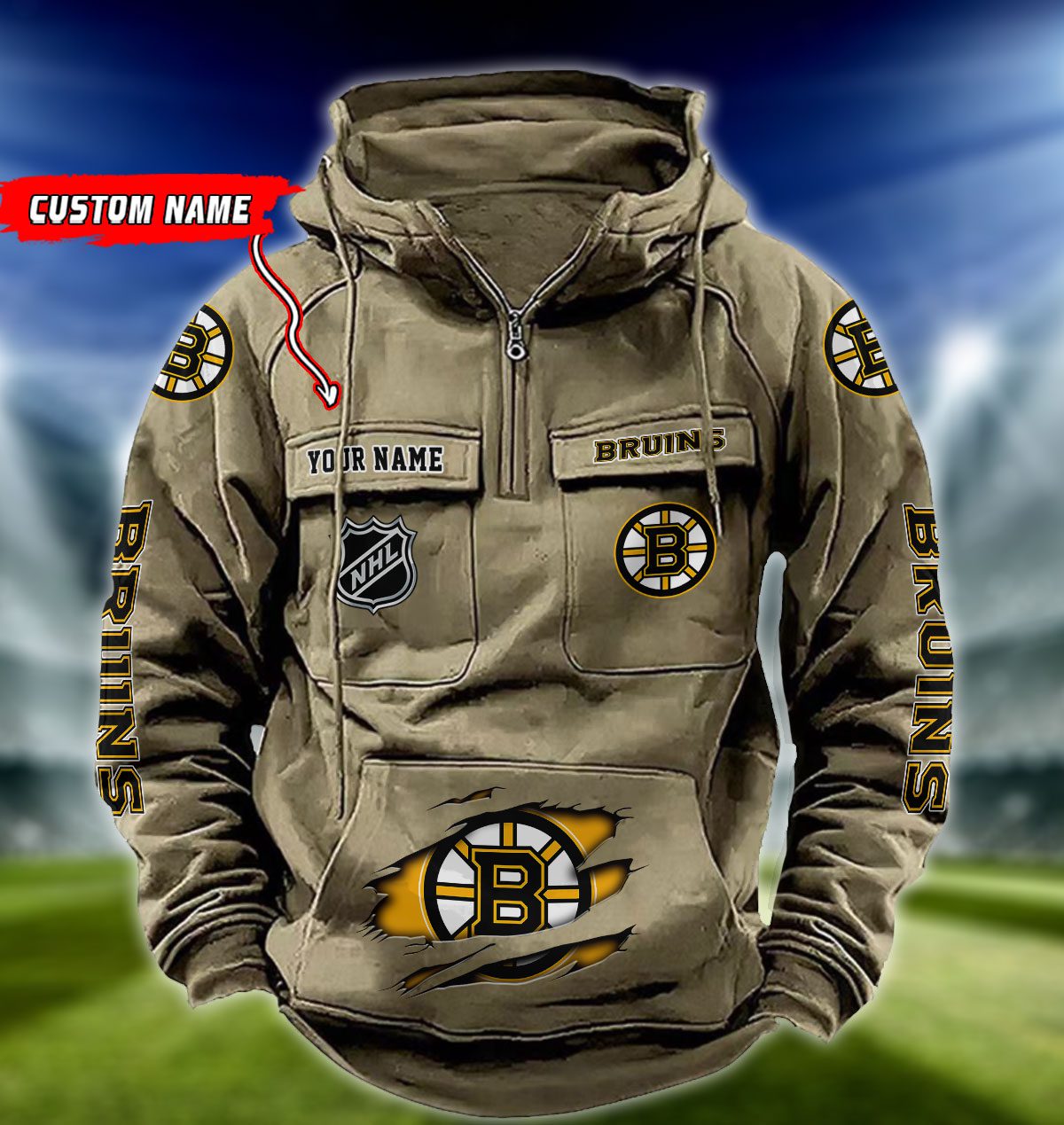 Boston-Bruins-NHL-Hockey-Vintage-Quarter-Zip-Hoodie-Retro-Hoodie-Custom-Name-WRH1002-1