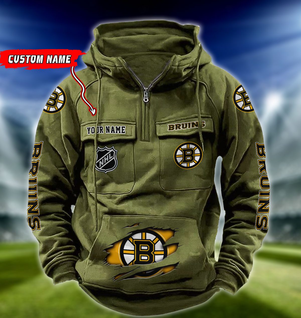 Boston-Bruins-NHL-Hockey-Vintage-Quarter-Zip-Hoodie-Retro-Hoodie-Custom-Name-WRH1002-4