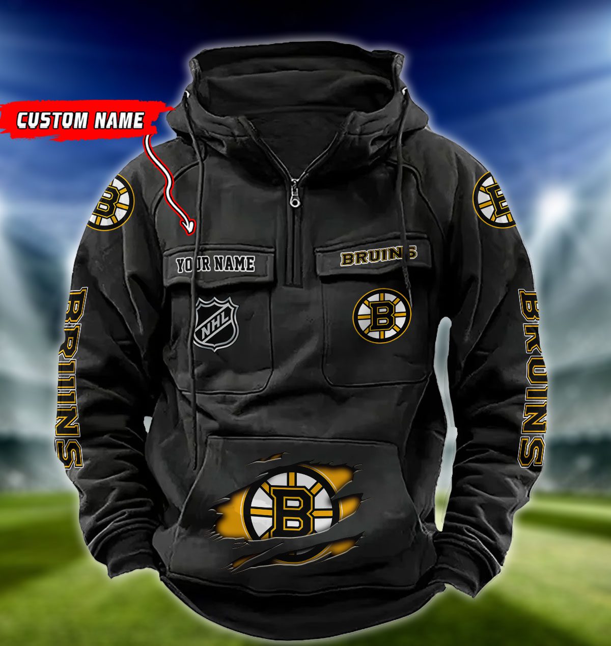 Boston-Bruins-NHL-Hockey-Vintage-Quarter-Zip-Hoodie-Retro-Hoodie-Custom-Name-WRH1002 Boston Bruins NHL Hockey Vintage Quarter Zip Hoodie Retro Hoodie Custom Name WRH1002