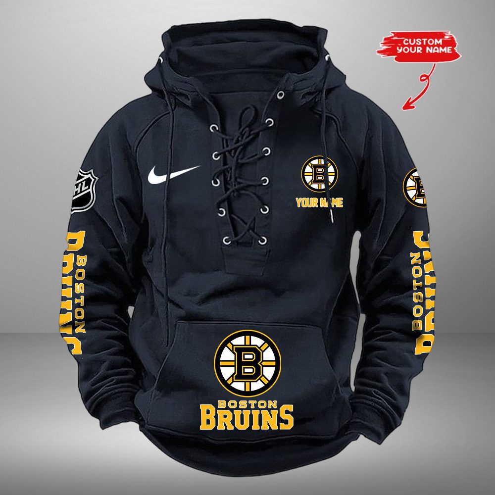 Boston-Bruins-NHL-Swoosh-Hooded-Lace-Up-Retro-Vintage-Hoodie-Custom-Name Boston Bruins NHL Swoosh Hooded Lace Up Retro Vintage Hoodie Custom Name