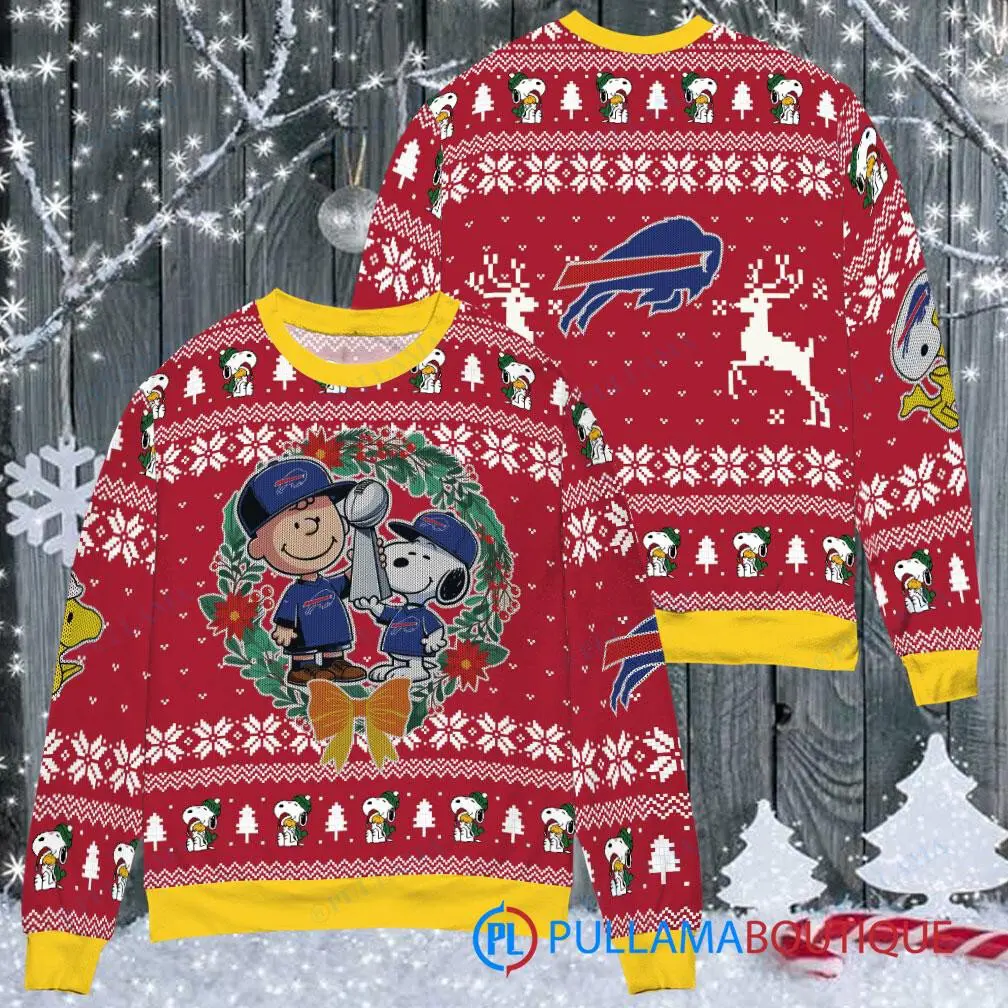 Buffalo Bills NFL Snoopy and Charlie Brown with Super Bowl Trophy Ugly Christmas Sweater FUL1033