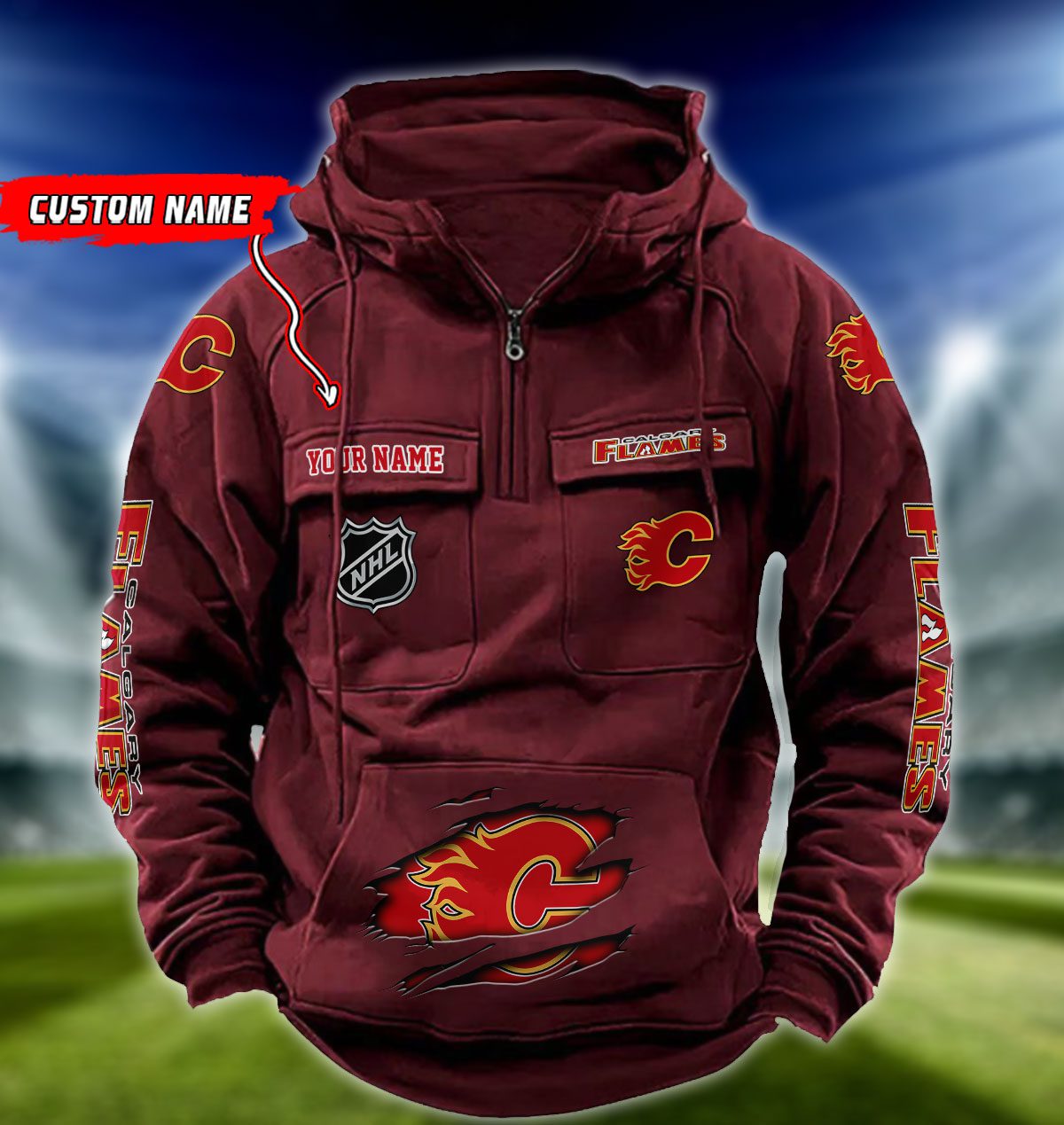 Calgary-Flames-NHL-Hockey-Vintage-Quarter-Zip-Hoodie-Retro-Hoodie-Custom-Name-WRH1003-2