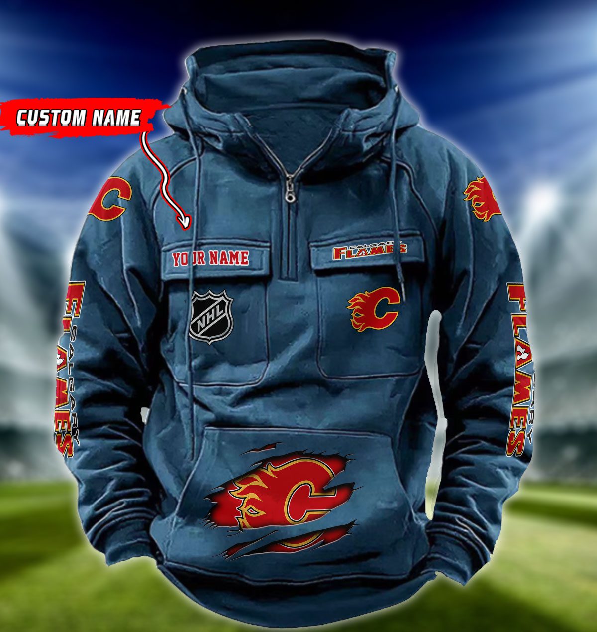Calgary-Flames-NHL-Hockey-Vintage-Quarter-Zip-Hoodie-Retro-Hoodie-Custom-Name-WRH1003-3