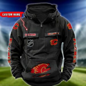Calgary Flames NHL Hockey Vintage Quarter Zip Hoodie Retro Hoodie Custom Name WRH1003