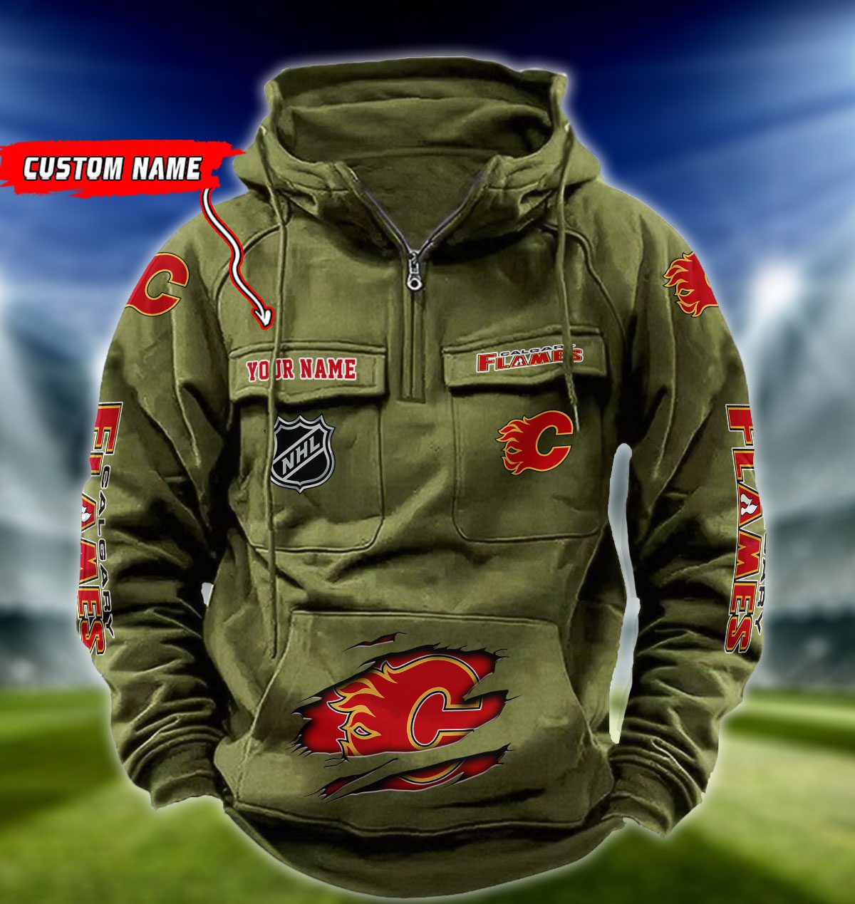 Calgary-Flames-NHL-Hockey-Vintage-Quarter-Zip-Hoodie-Retro-Hoodie-Custom-Name-WRH1003-4