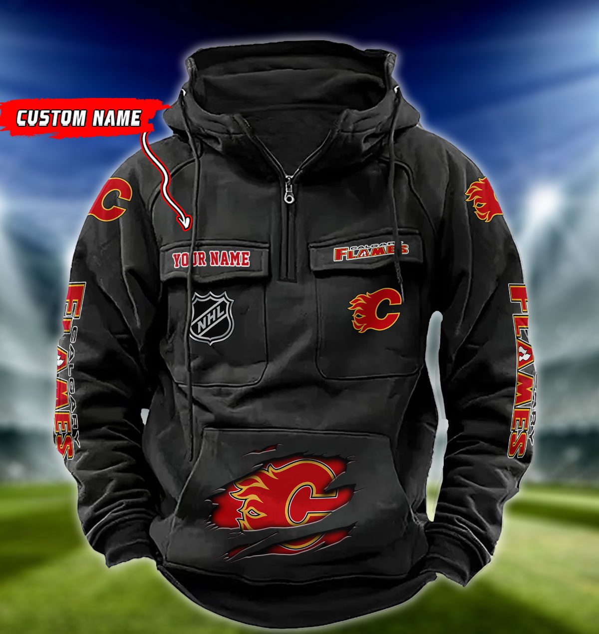 Calgary-Flames-NHL-Hockey-Vintage-Quarter-Zip-Hoodie-Retro-Hoodie-Custom-Name-WRH1003 Calgary Flames NHL Hockey Vintage Quarter Zip Hoodie Retro Hoodie Custom Name WRH1003