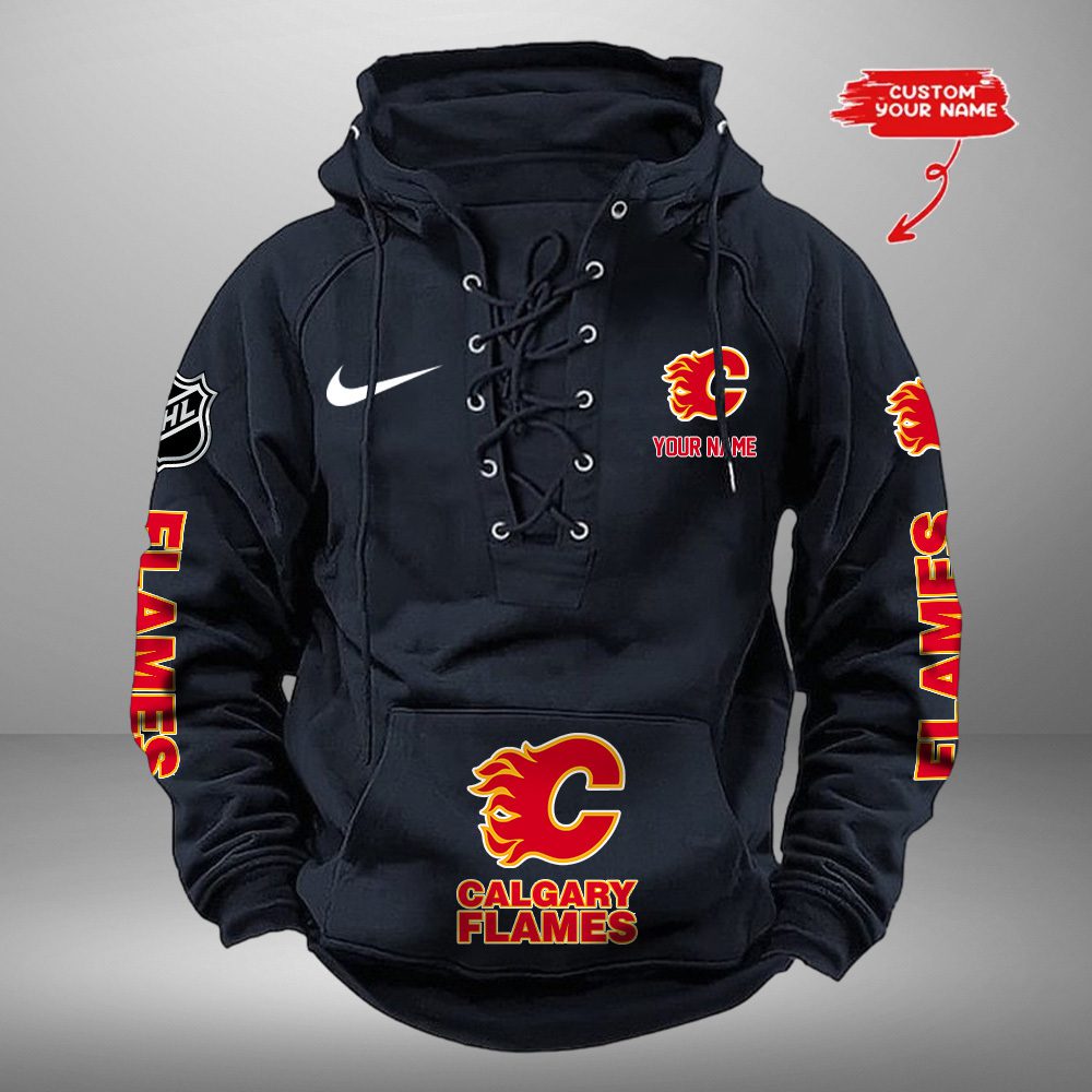 Calgary-Flames-NHL-Swoosh-Hooded-Lace-Up-Retro-Vintage-Hoodie-Custom-Name Calgary Flames NHL Swoosh Hooded Lace Up Retro Vintage Hoodie Custom Name