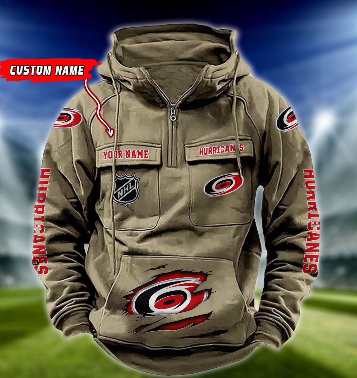 Carolina-Hurricanes-NHL-Hockey-Vintage-Quarter-Zip-Hoodie-Retro-Hoodie-Custom-Name-WRH1004-1