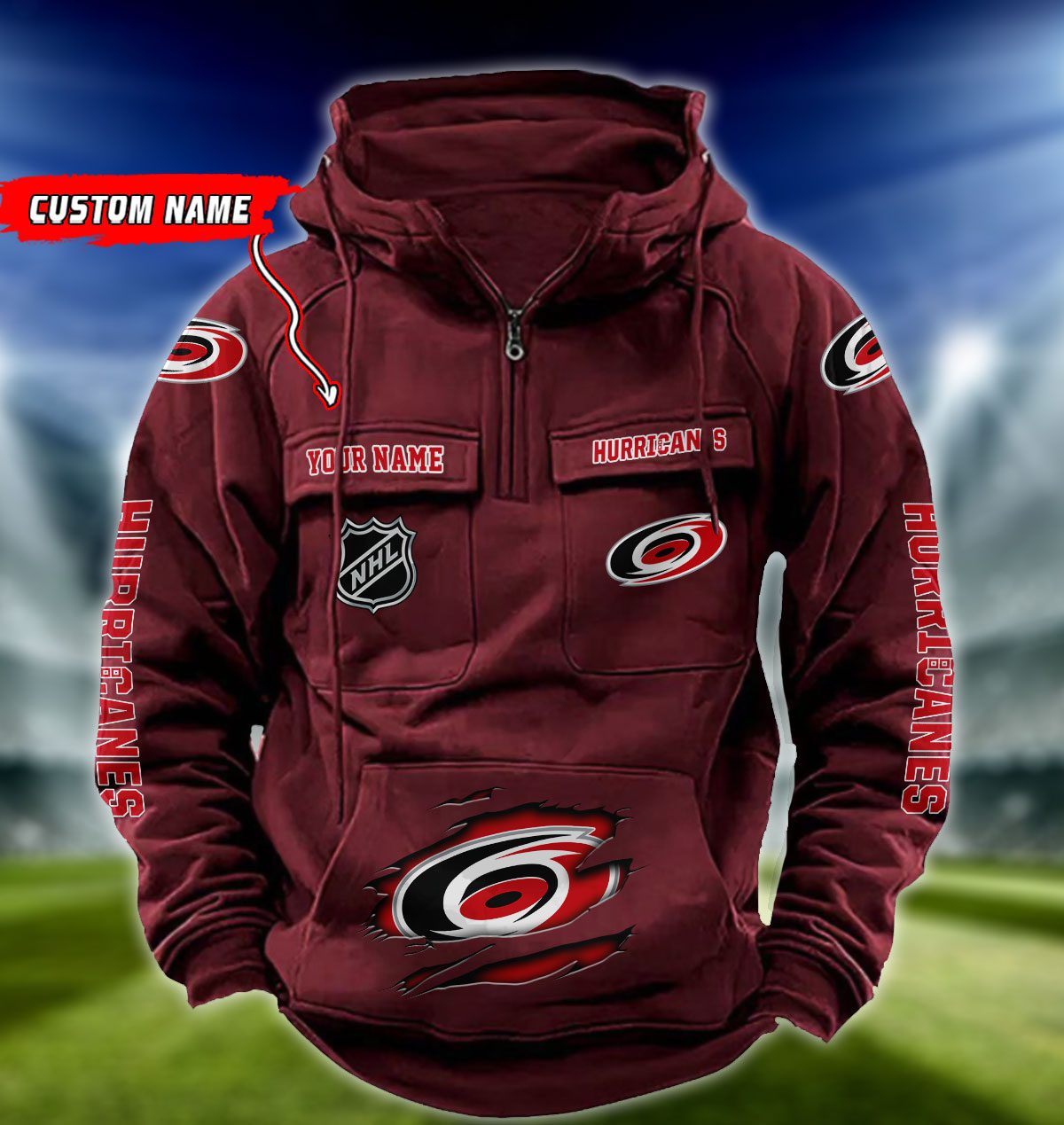 Carolina-Hurricanes-NHL-Hockey-Vintage-Quarter-Zip-Hoodie-Retro-Hoodie-Custom-Name-WRH1004-2