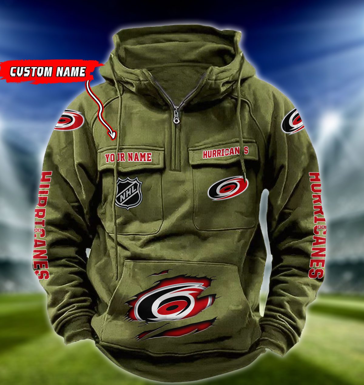 Carolina-Hurricanes-NHL-Hockey-Vintage-Quarter-Zip-Hoodie-Retro-Hoodie-Custom-Name-WRH1004-4