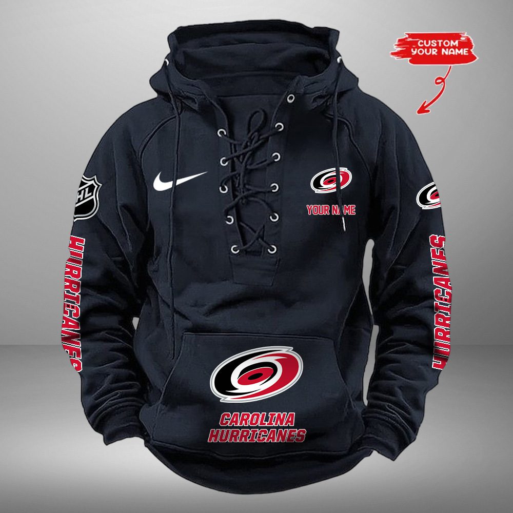 Carolina-Hurricanes-NHL-Swoosh-Hooded-Lace-Up-Retro-Vintage-Hoodie-Custom-Name Carolina Hurricanes NHL Swoosh Hooded Lace Up Retro Vintage Hoodie Custom Name