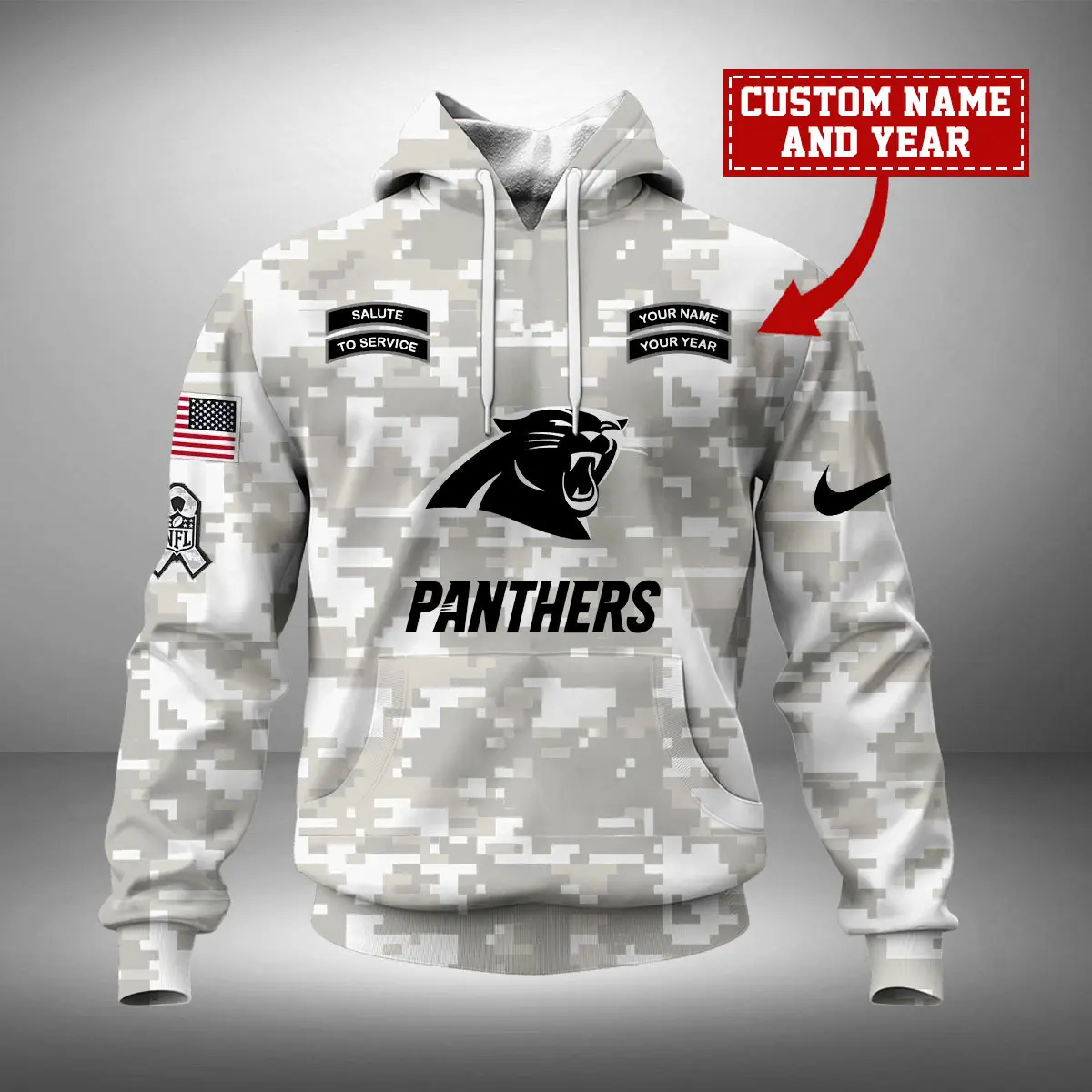 Carolina Panthers NFL Arctic Camo 2024 Salute to Service Custom Name And Year Unisex Hoodie WUH1004