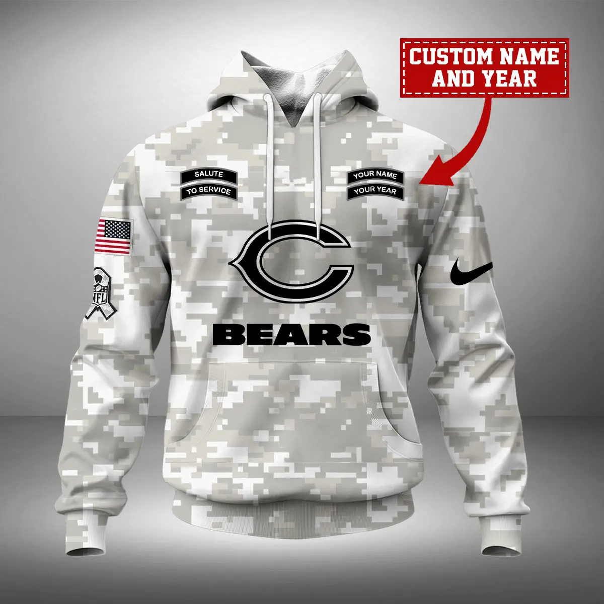 Chicago Bears NFL Arctic Camo 2024 Salute to Service Custom Name And Year Unisex Hoodie WUH1005