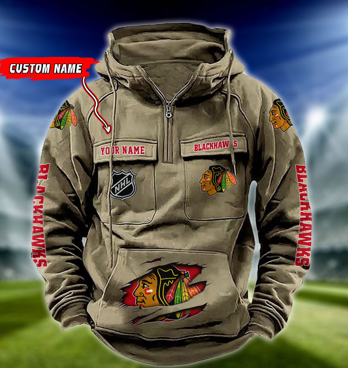 Chicago-Blackhawks-NHL-Hockey-Vintage-Quarter-Zip-Hoodie-Retro-Hoodie-Custom-Name-WRH1009-1