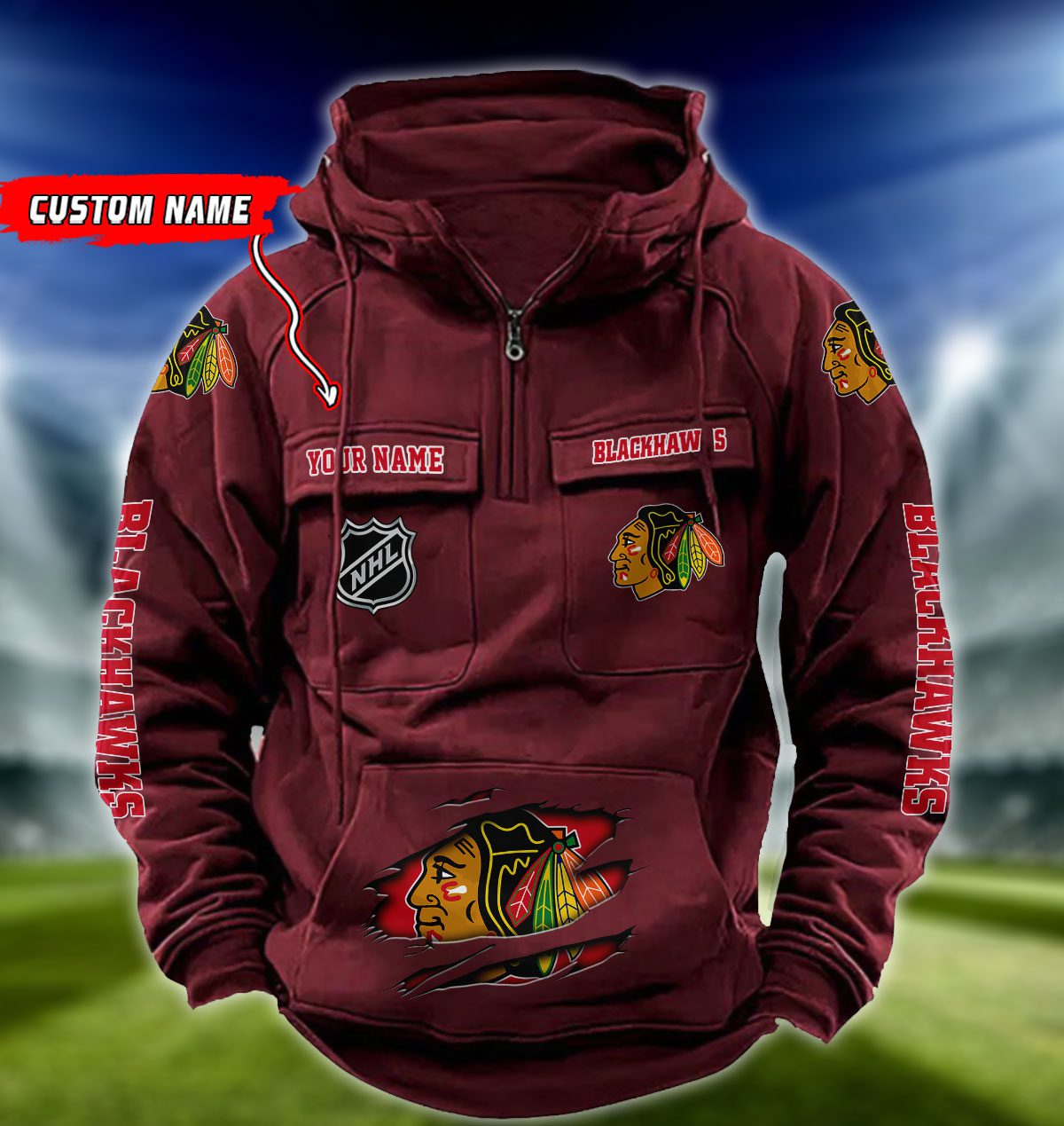 Chicago-Blackhawks-NHL-Hockey-Vintage-Quarter-Zip-Hoodie-Retro-Hoodie-Custom-Name-WRH1009-2