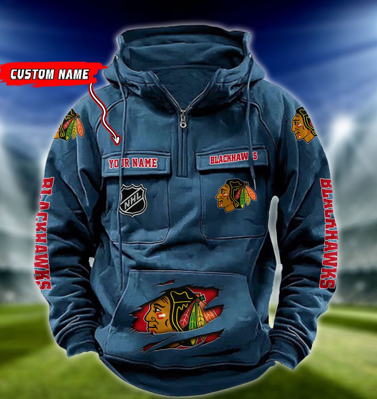 Chicago-Blackhawks-NHL-Hockey-Vintage-Quarter-Zip-Hoodie-Retro-Hoodie-Custom-Name-WRH1009-3