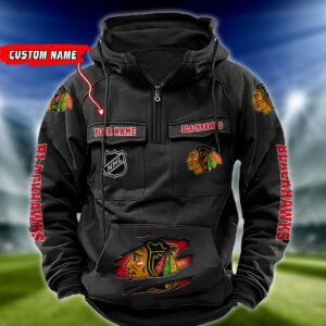 Chicago Blackhawks NHL Hockey Vintage Quarter Zip Hoodie Retro Hoodie Custom Name WRH1009