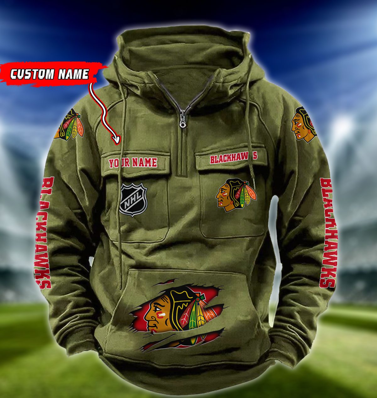Chicago-Blackhawks-NHL-Hockey-Vintage-Quarter-Zip-Hoodie-Retro-Hoodie-Custom-Name-WRH1009-4