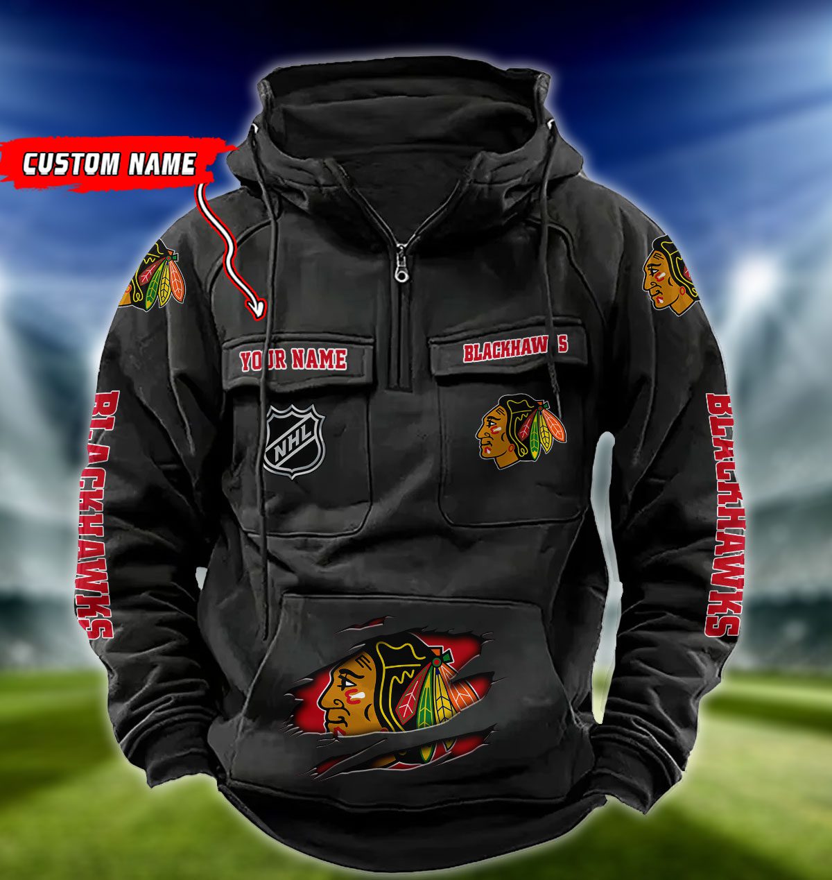 Chicago-Blackhawks-NHL-Hockey-Vintage-Quarter-Zip-Hoodie-Retro-Hoodie-Custom-Name-WRH1009 Chicago Blackhawks NHL Hockey Vintage Quarter Zip Hoodie Retro Hoodie Custom Name WRH1009