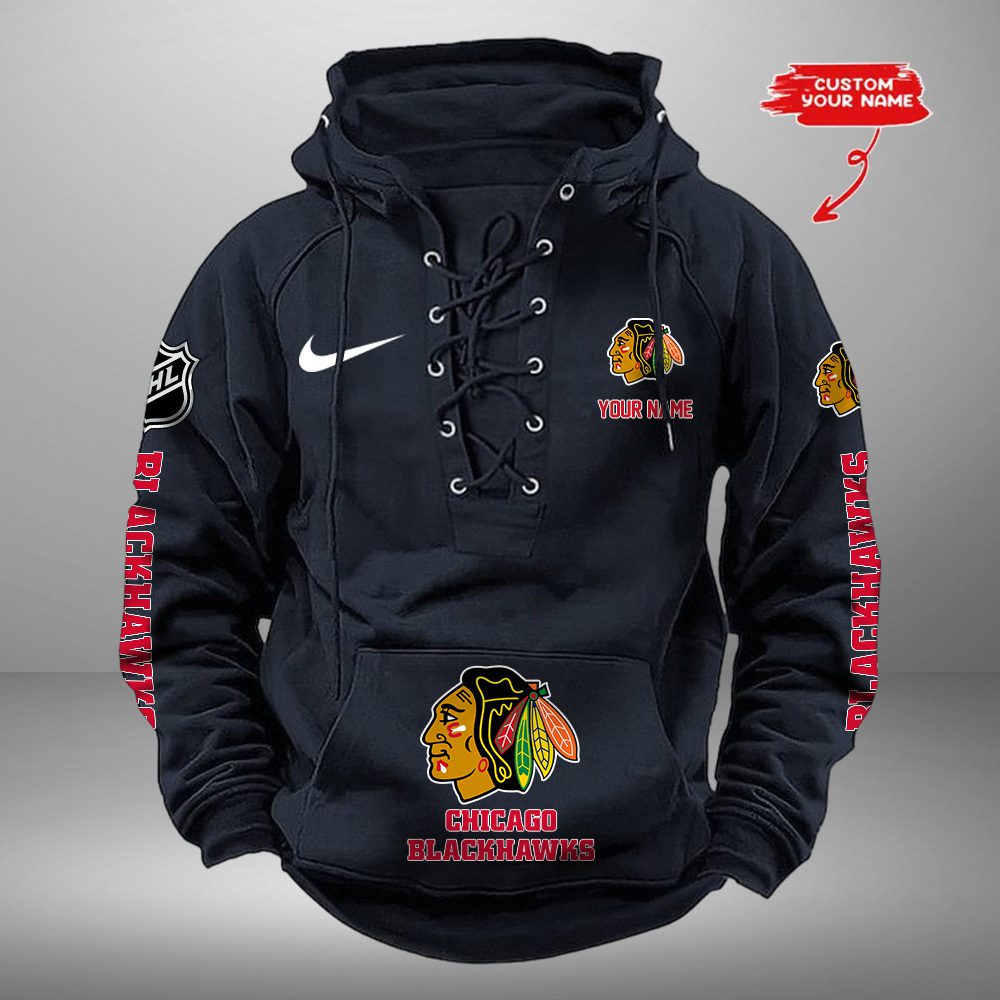 Chicago-Blackhawks-NHL-Swoosh-Hooded-Lace-Up-Retro-Vintage-Hoodie-Custom-Name Chicago Blackhawks NHL Swoosh Hooded Lace Up Retro Vintage Hoodie Custom Name