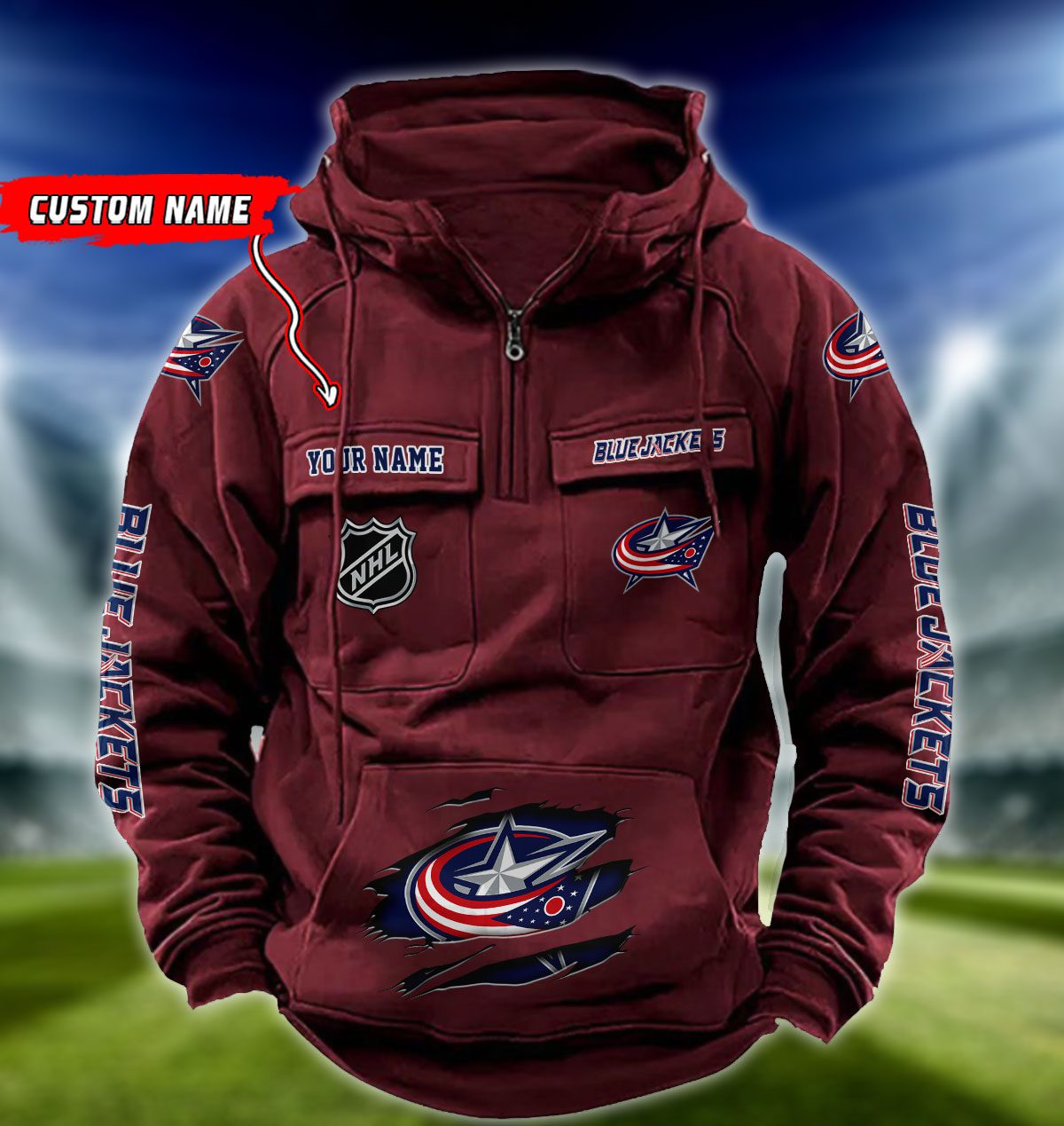 Columbus-Blue-Jackets-NHL-Hockey-Vintage-Quarter-Zip-Hoodie-Retro-Hoodie-Custom-Name-WRH1008-2