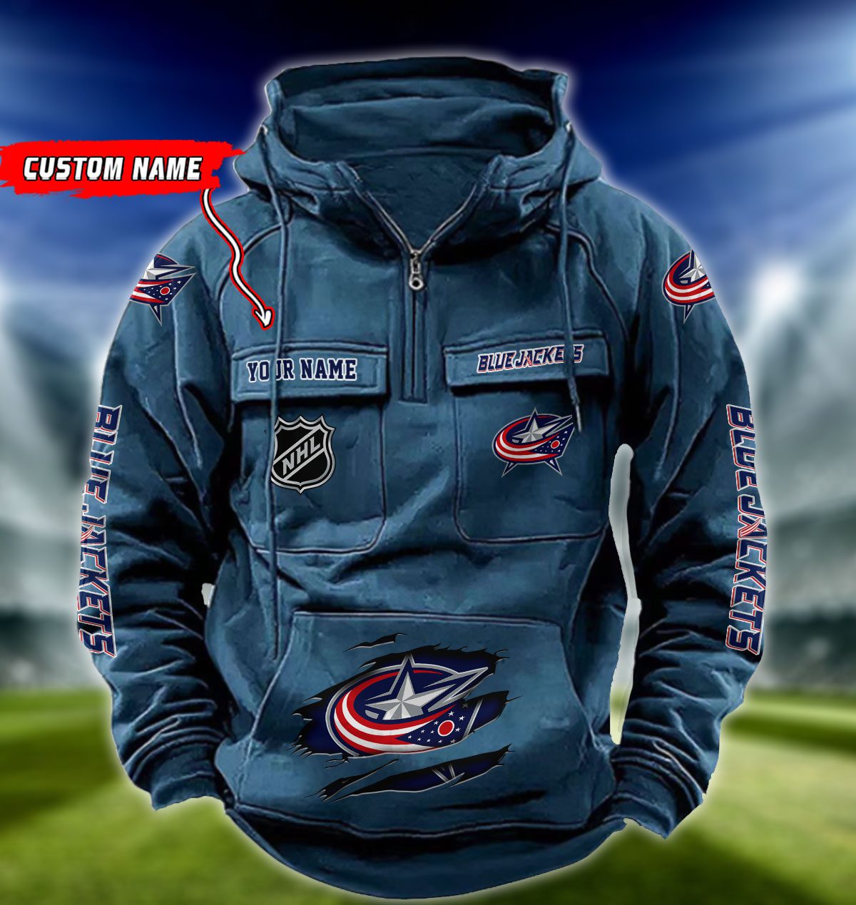 Columbus-Blue-Jackets-NHL-Hockey-Vintage-Quarter-Zip-Hoodie-Retro-Hoodie-Custom-Name-WRH1008-3