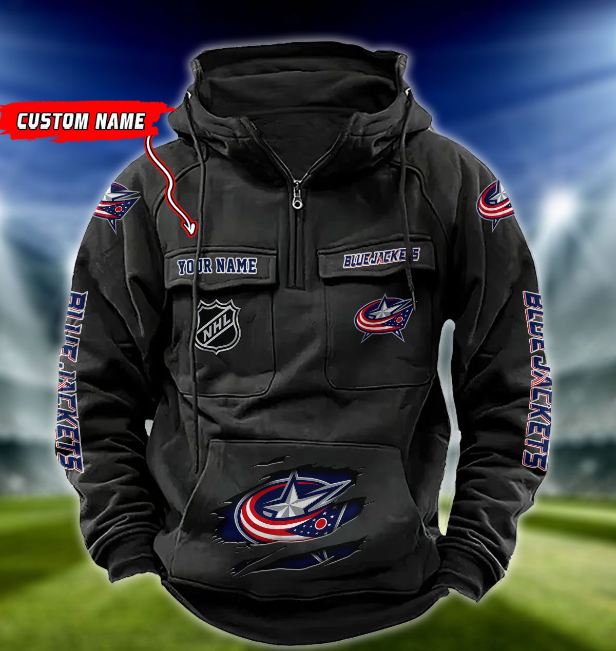 Columbus-Blue-Jackets-NHL-Hockey-Vintage-Quarter-Zip-Hoodie-Retro-Hoodie-Custom-Name-WRH1008 Columbus Blue Jackets NHL Hockey Vintage Quarter Zip Hoodie Retro Hoodie Custom Name WRH1008