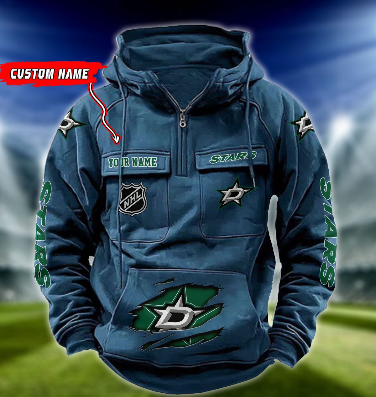 Dallas-Stars-NHL-Hockey-Vintage-Quarter-Zip-Hoodie-Retro-Hoodie-Custom-Name-WRH1007-3