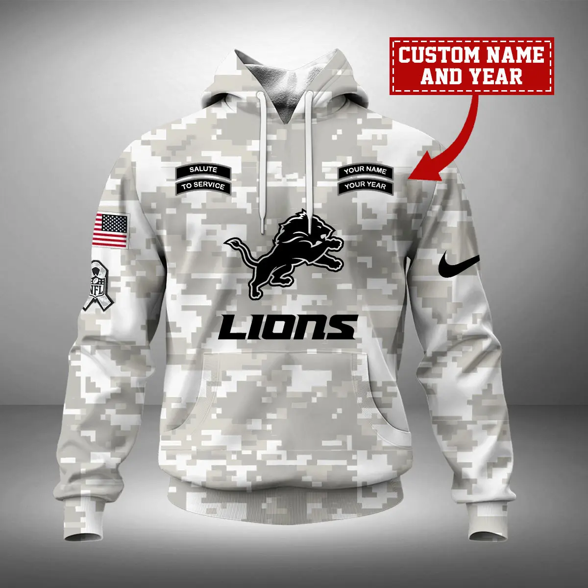 Detroit Lions NFL Arctic Camo 2024 Salute to Service Custom Name And Year Unisex Hoodie WUH1015