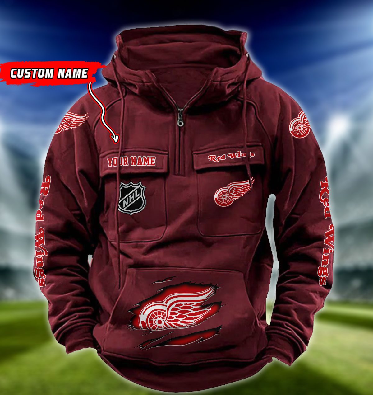 Detroit-Red-Wings-NHL-Hockey-Vintage-Quarter-Zip-Hoodie-Retro-Hoodie-Custom-Name-WRH1012-2