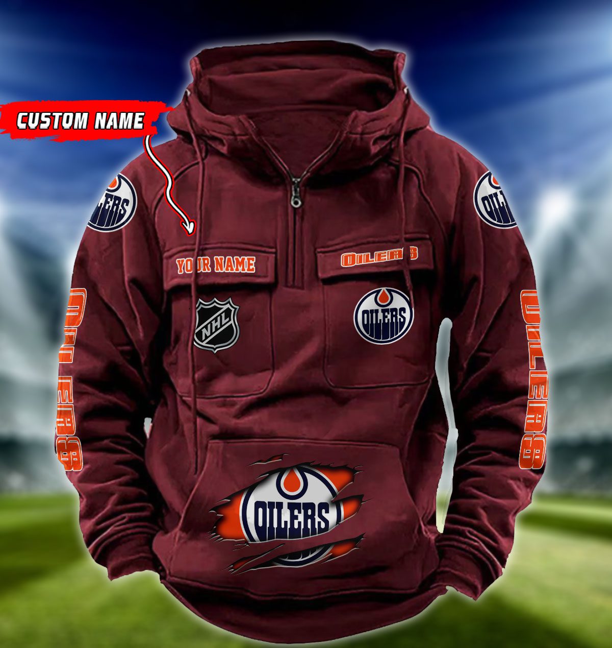 Edmonton-Oilers-NHL-Hockey-Vintage-Quarter-Zip-Hoodie-Retro-Hoodie-Custom-Name-WRH1010-2