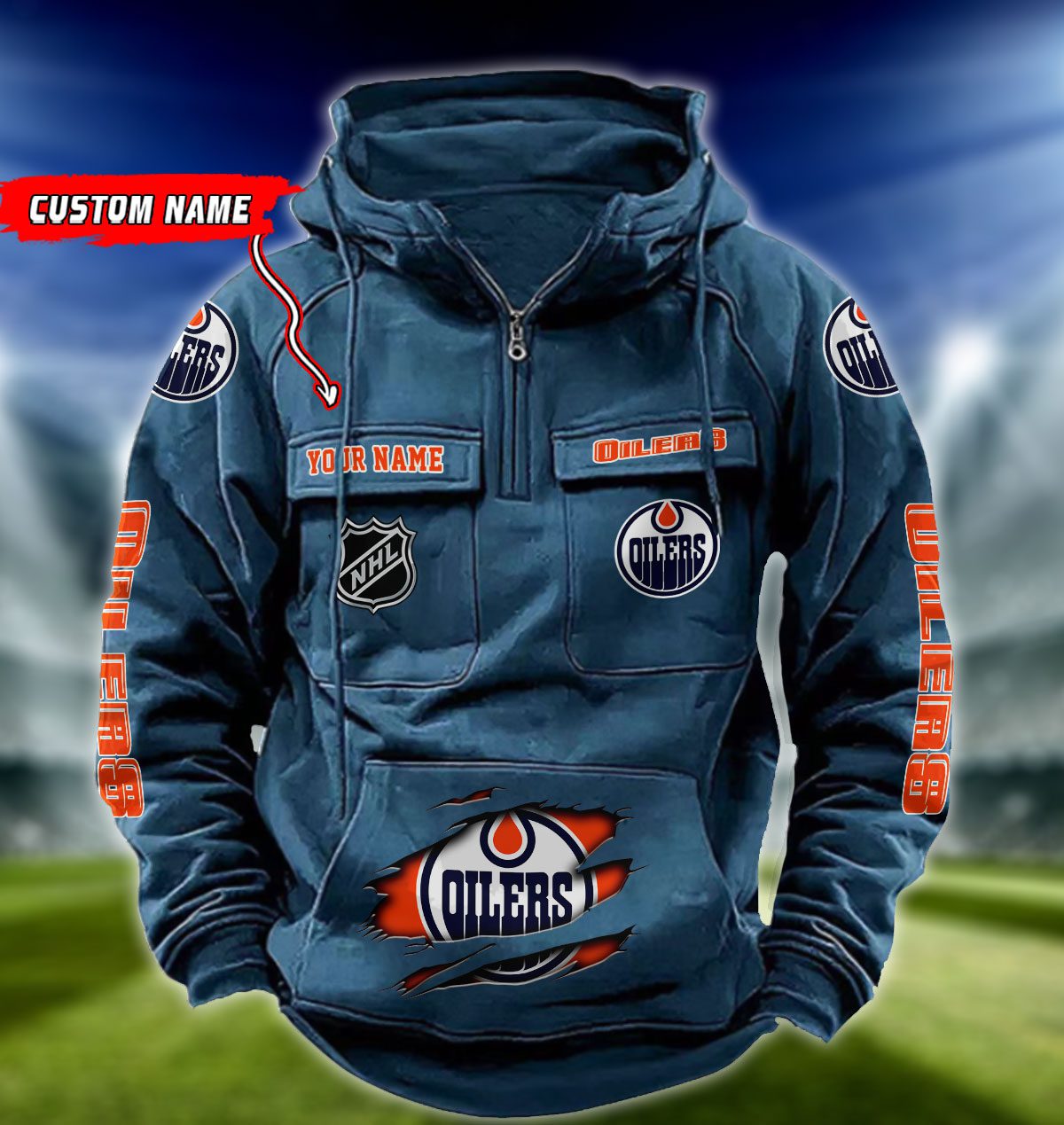 Edmonton-Oilers-NHL-Hockey-Vintage-Quarter-Zip-Hoodie-Retro-Hoodie-Custom-Name-WRH1010-3