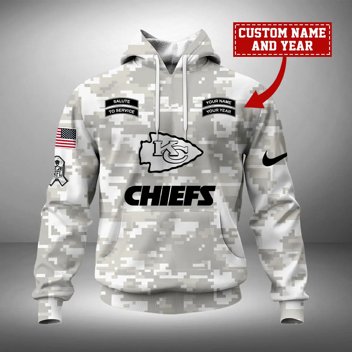 Kansas City Chiefs NFL Arctic Camo 2024 Salute to Service Custom Name And Year Unisex Hoodie WUH1010
