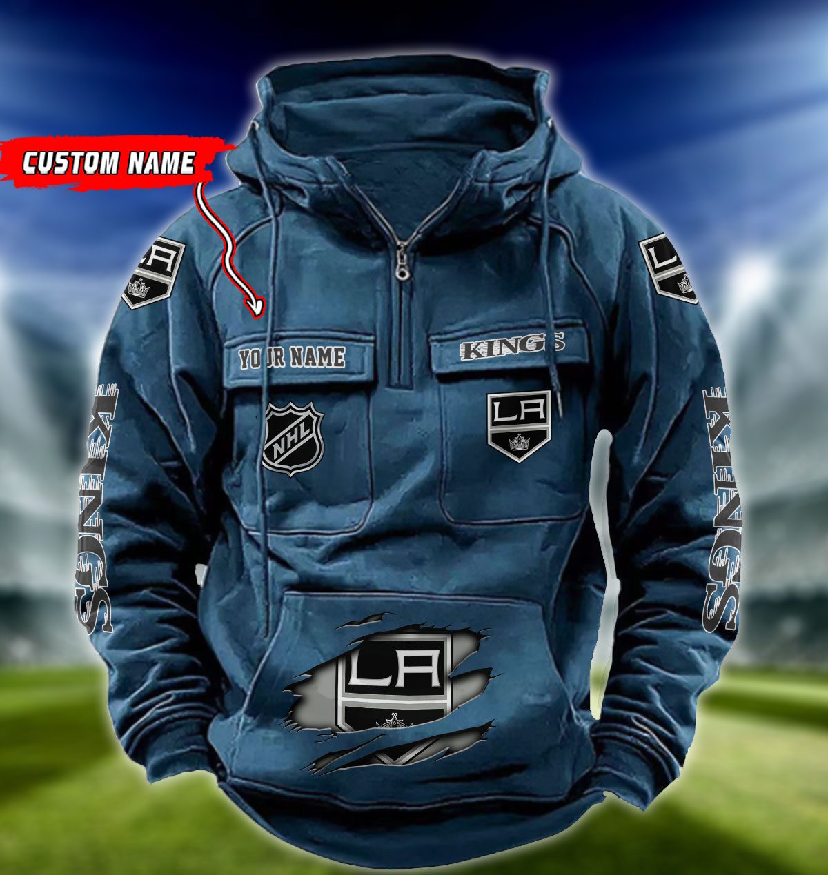 Los-Angeles-Kings-NHL-Hockey-Vintage-Quarter-Zip-Hoodie-Retro-Hoodie-Custom-Name-WRH1017-3