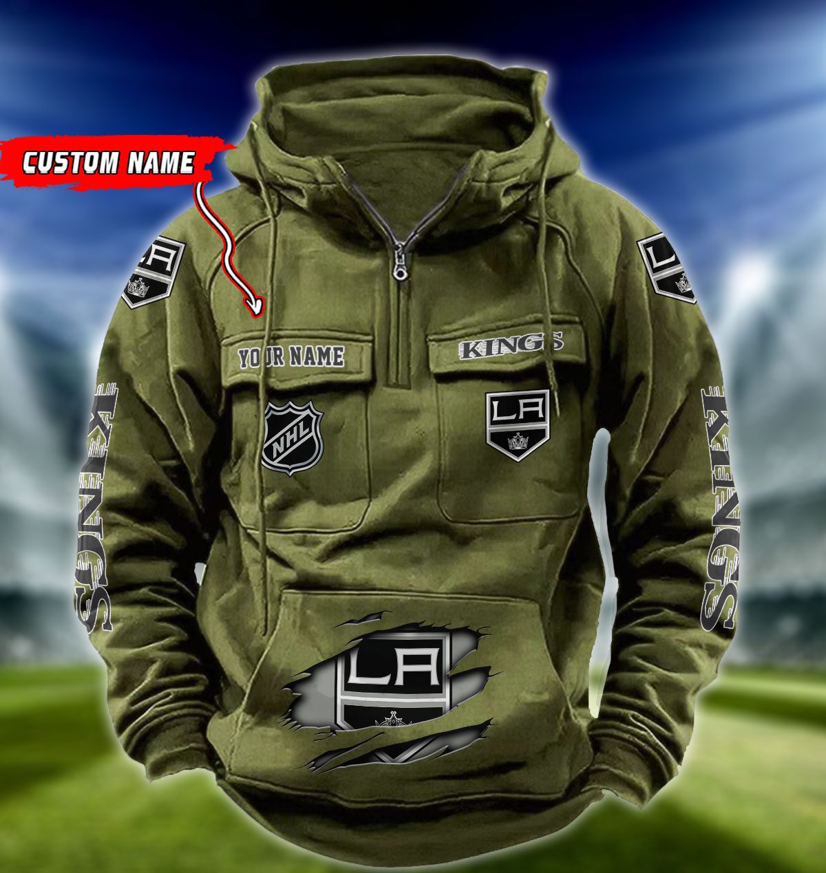 Los-Angeles-Kings-NHL-Hockey-Vintage-Quarter-Zip-Hoodie-Retro-Hoodie-Custom-Name-WRH1017-4