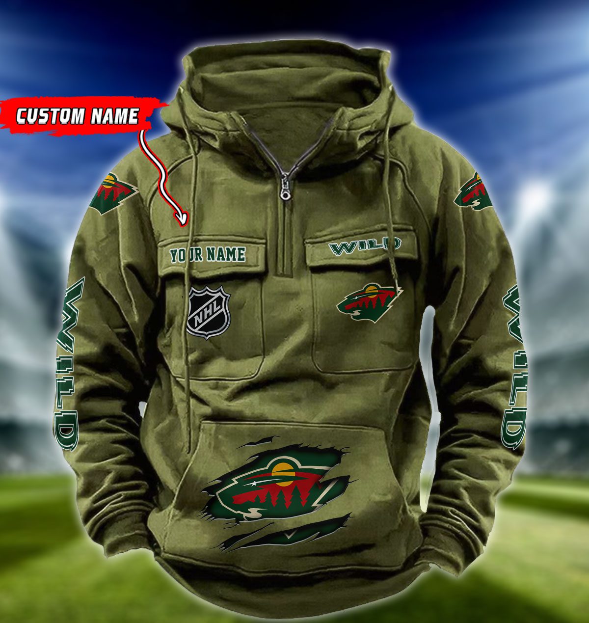 Minnesota-Wild-NHL-Hockey-Vintage-Quarter-Zip-Hoodie-Retro-Hoodie-Custom-Name-WRH1014-4