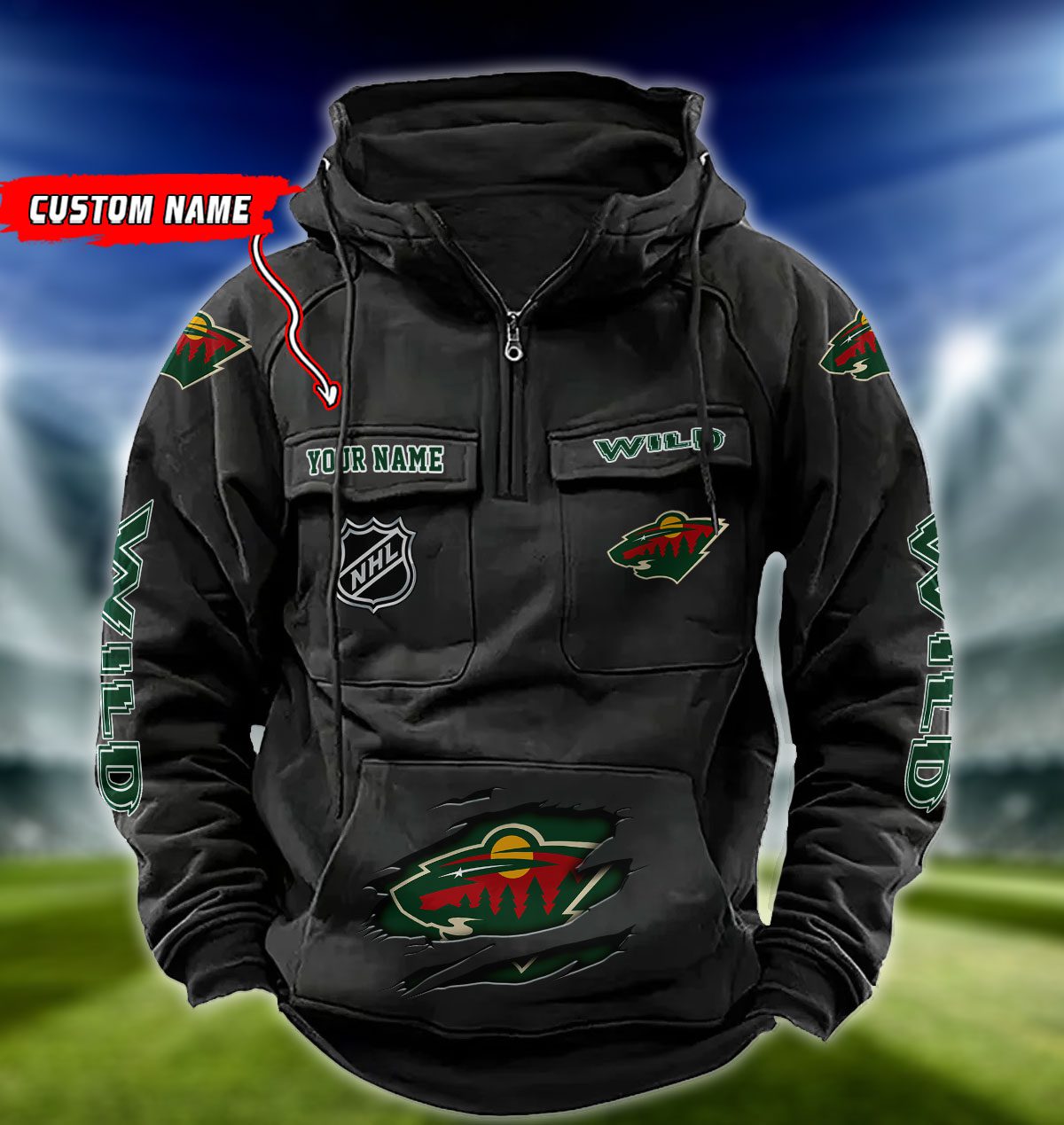 Minnesota-Wild-NHL-Hockey-Vintage-Quarter-Zip-Hoodie-Retro-Hoodie-Custom-Name-WRH1014 Minnesota Wild NHL Hockey Vintage Quarter Zip Hoodie Retro Hoodie Custom Name WRH1014
