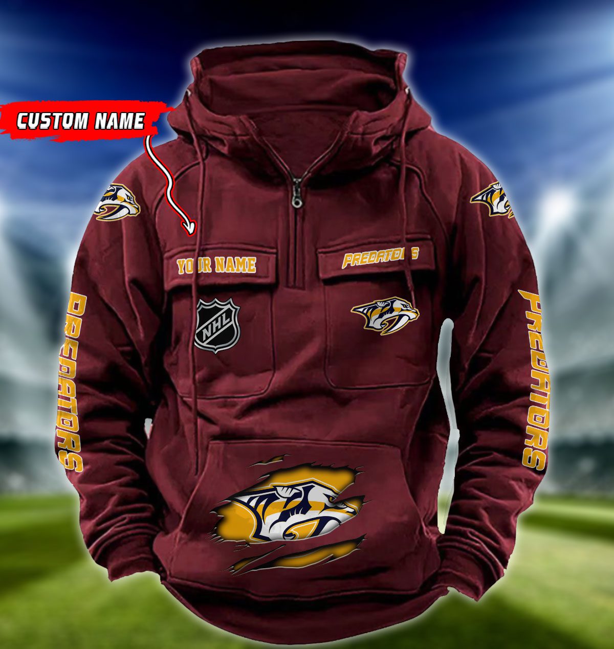 Nashville-Predators-NHL-Hockey-Vintage-Quarter-Zip-Hoodie-Retro-Hoodie-Custom-Name-WRH1015-2