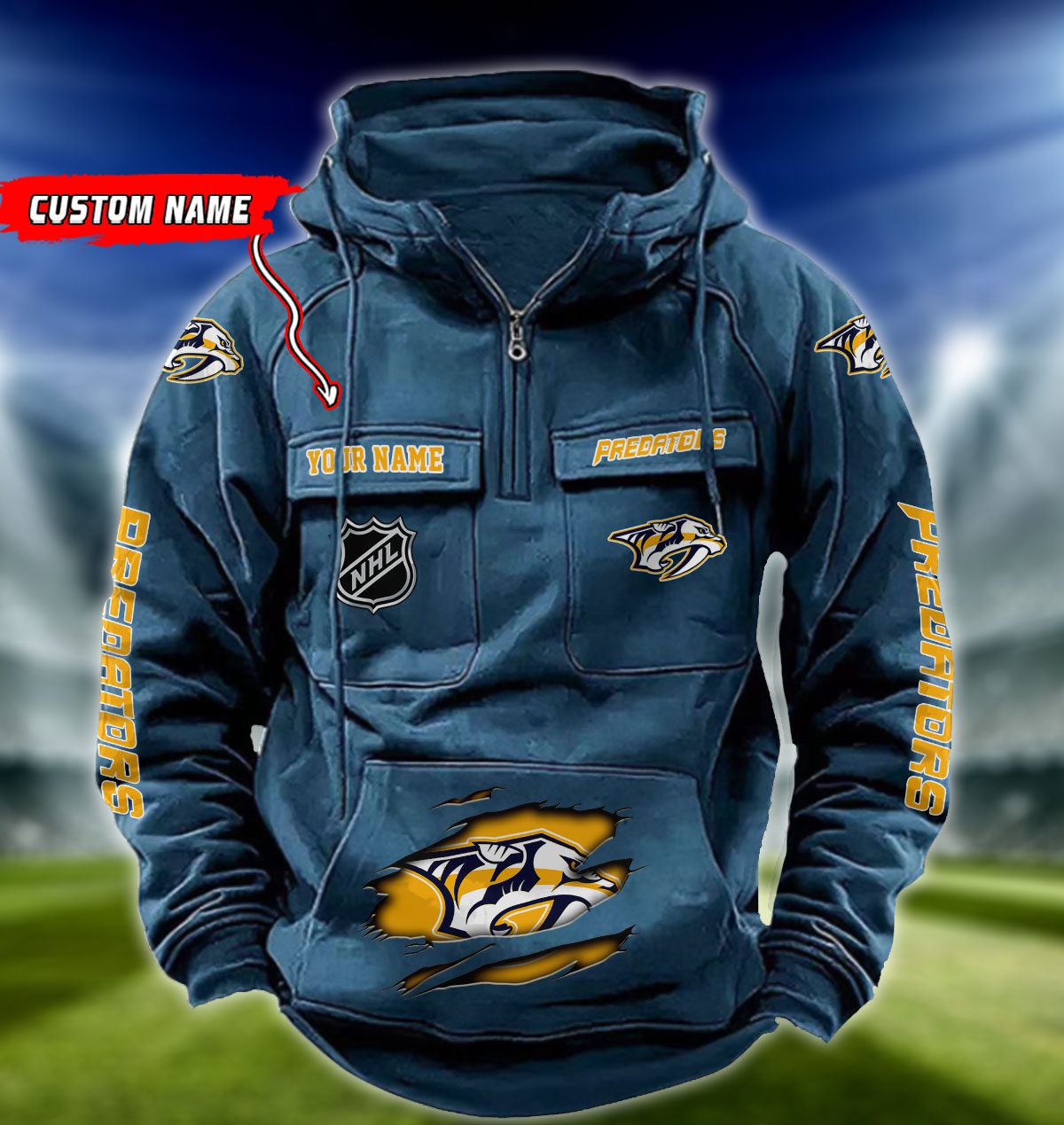 Nashville-Predators-NHL-Hockey-Vintage-Quarter-Zip-Hoodie-Retro-Hoodie-Custom-Name-WRH1015-3