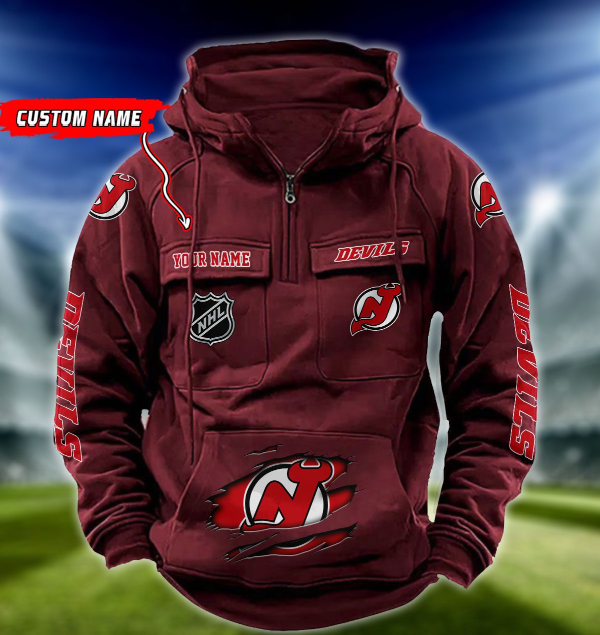 New-Jersey-Devils-NHL-Hockey-Vintage-Quarter-Zip-Hoodie-Retro-Hoodie-Custom-Name-WRH1016-2