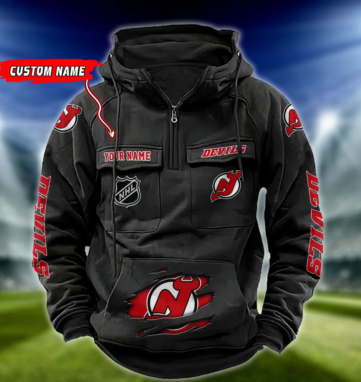 New-Jersey-Devils-NHL-Hockey-Vintage-Quarter-Zip-Hoodie-Retro-Hoodie-Custom-Name-WRH1016 New Jersey Devils NHL Hockey Vintage Quarter Zip Hoodie Retro Hoodie Custom Name WRH1016